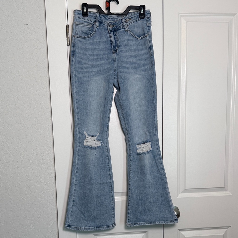 Women's Light Blue Distressed Flare Jeans